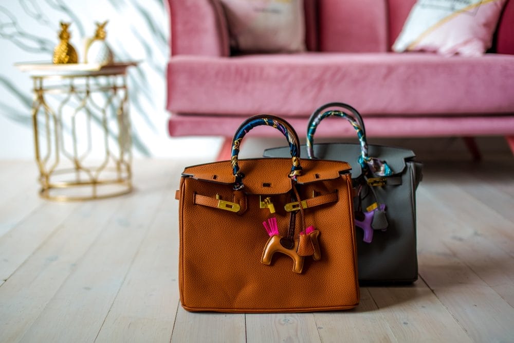 Two designer bags side by side in front of a couch