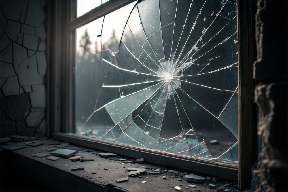 Broken glass on a window in a dark room with a view of the forest.