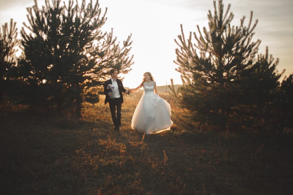 Young married couple walking in a forest