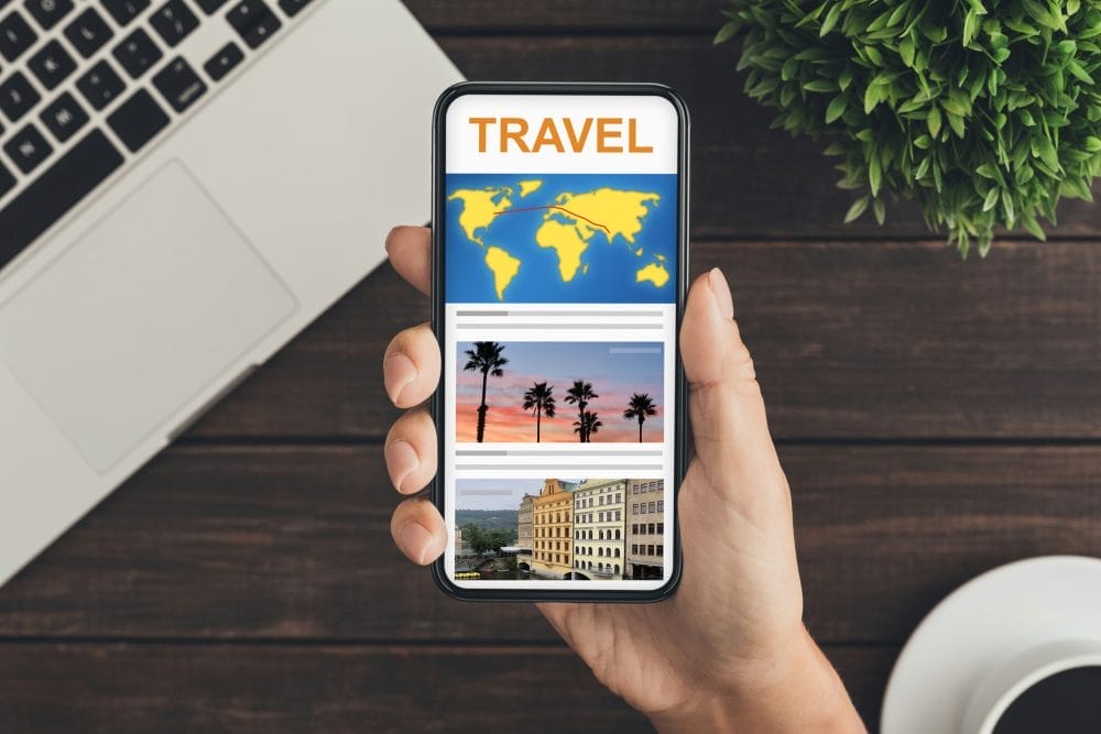 Woman using smartphone with travel app