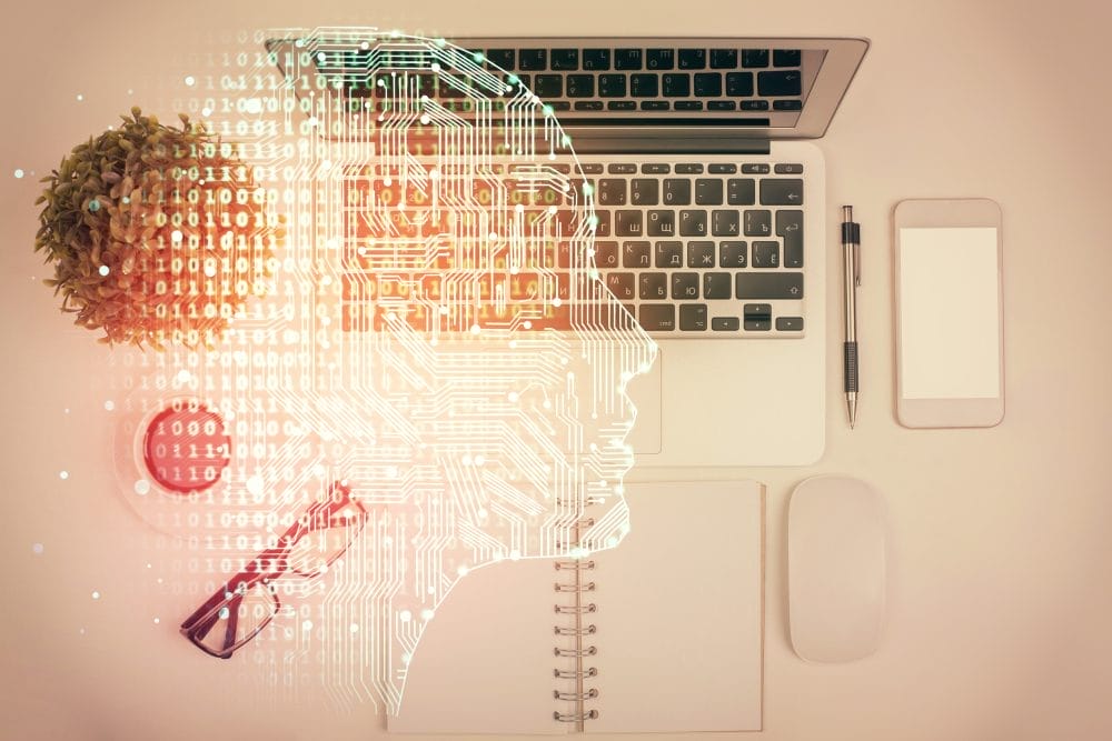 Multi exposure of brain sketch hologram over topview work table background with computer