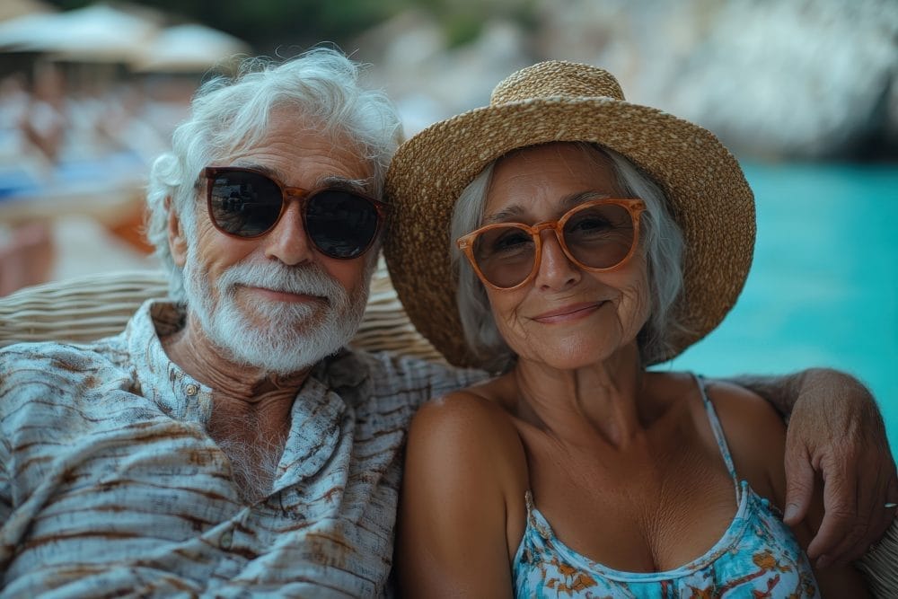 Joyful elderly couple enjoying a sunny day by the turquoise sea on a beach vacation
