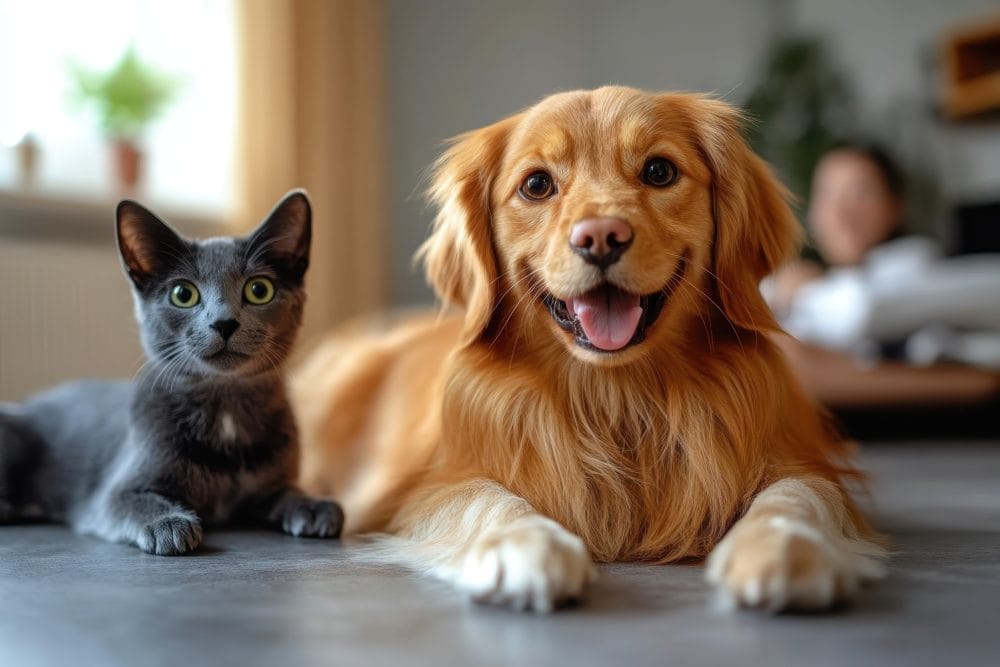 One small dog and a cat, both happy 