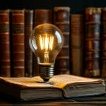 Light bulb and books on a dark background. Education concept. Copy space.