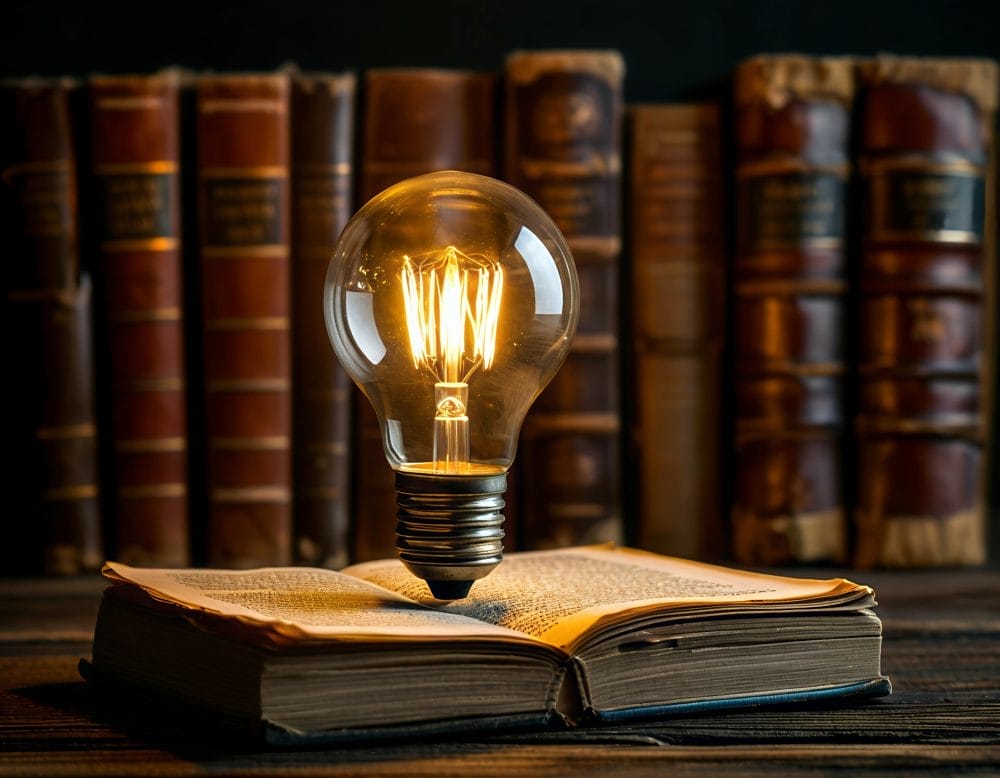 Light bulb and books on a dark background. Education concept. Copy space.