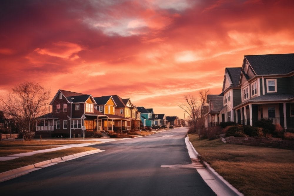 A sunset in a suburban neighborhood