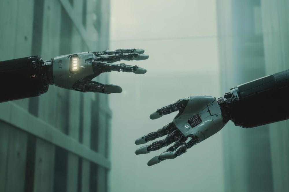 Two robotic hands reaching towards each other in a futuristic setting like one seen in a sci-fi movie