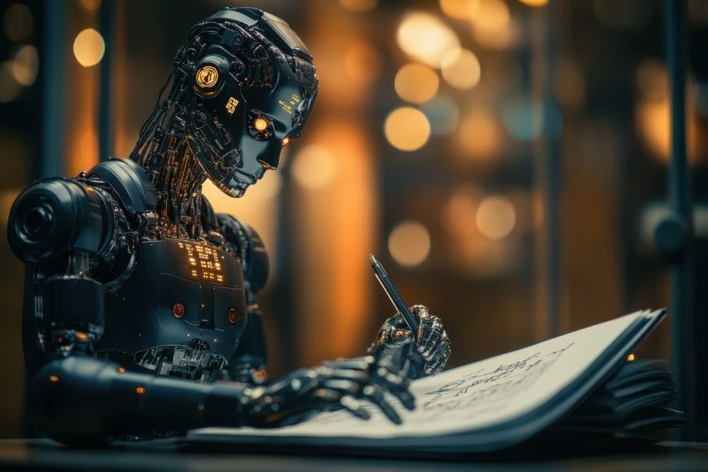 A robot writing in a book, like a scene out of a sci-fi movie