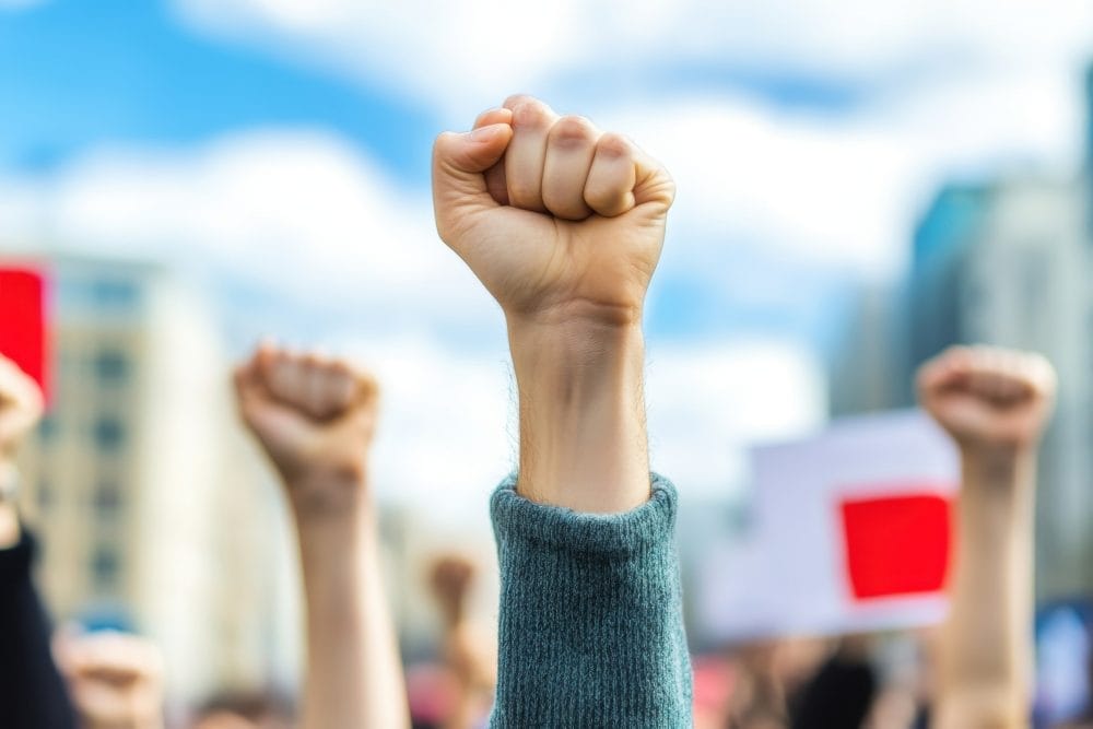 People raise fists in solidarity during a peaceful protest 
