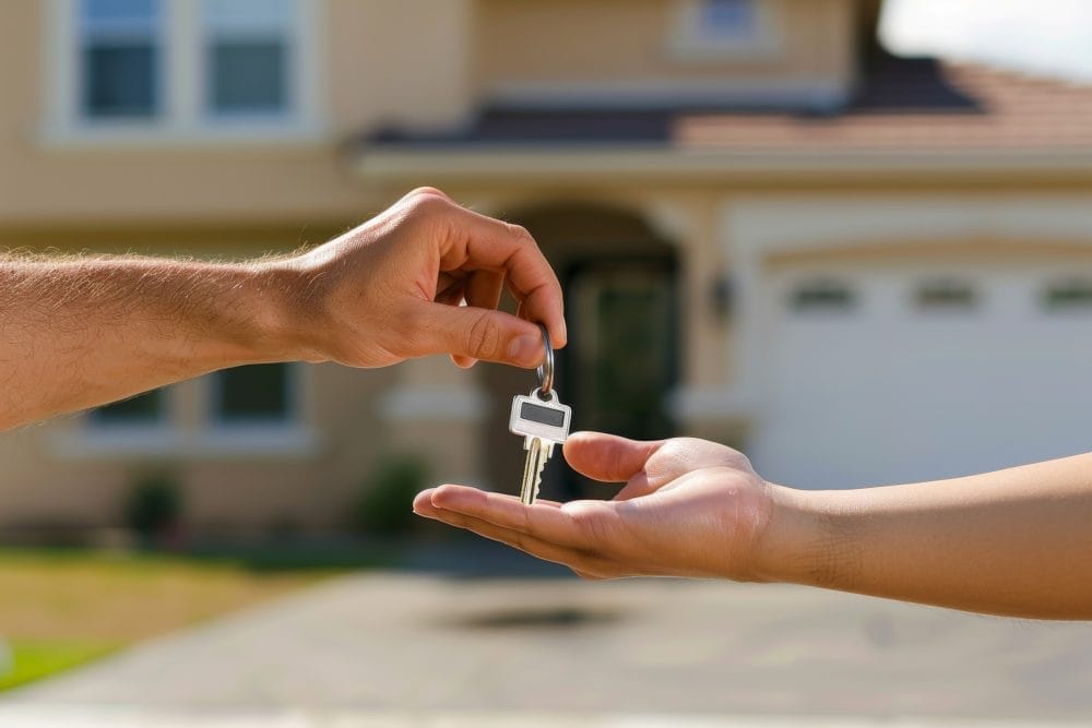 A real estate agent handing over the keys after someone buying a home