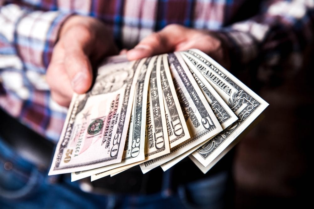Someone holding fanned out dollar bills