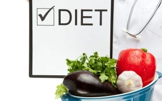 A clipboard with the word "diet" and a bunch of vegetables