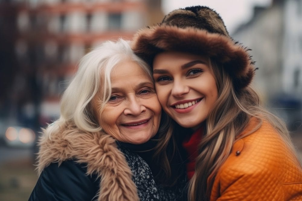 A young woman smiling with her grandmother
