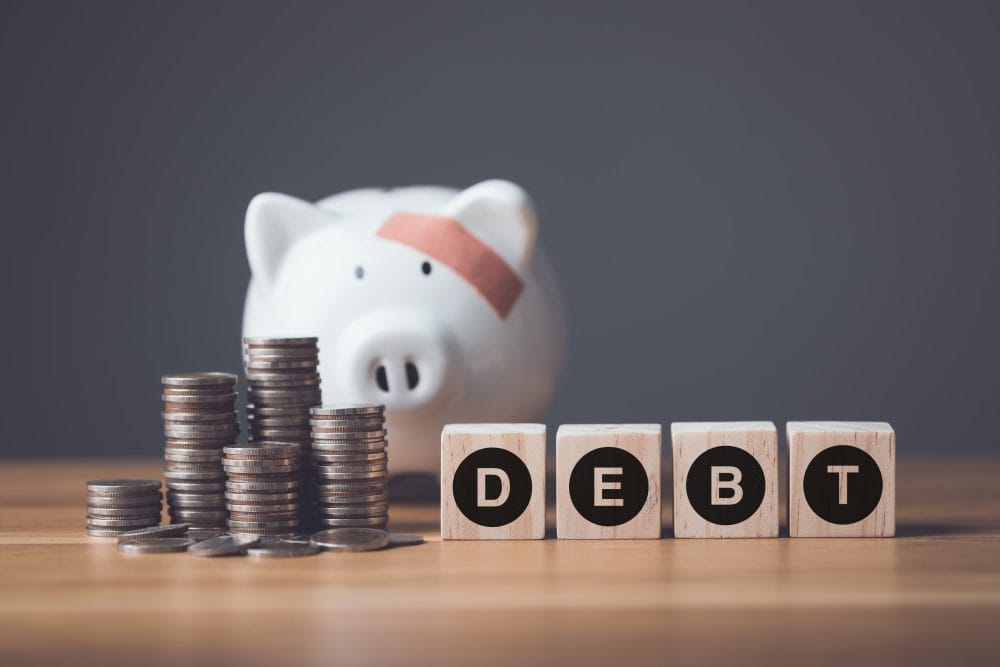 A piggy bank and the word "debt," which only hurts wealth