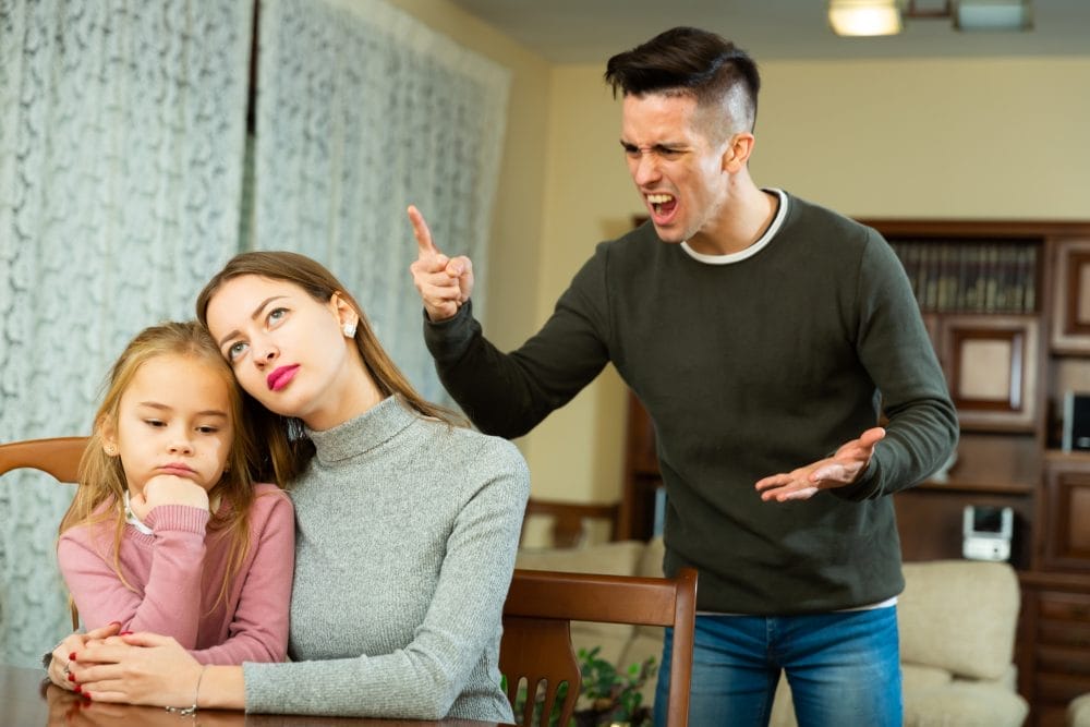 A father yelling at his wife while his daughter listens to their family fight