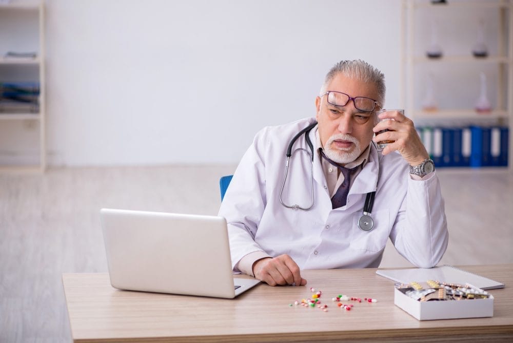 A doctor with a bunch of pills on his desk