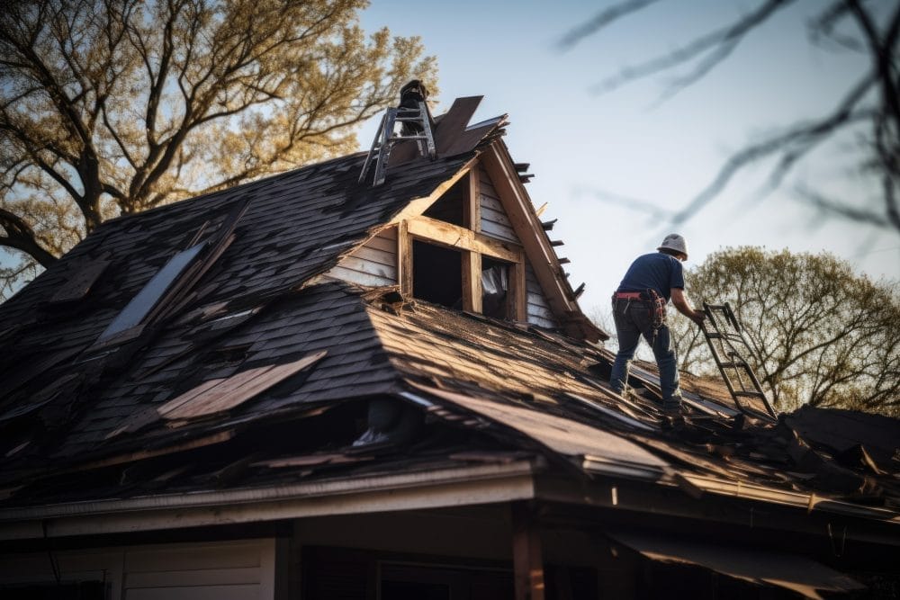 Someone fixing a roof, which is a home repair that can make you look mentally unstable