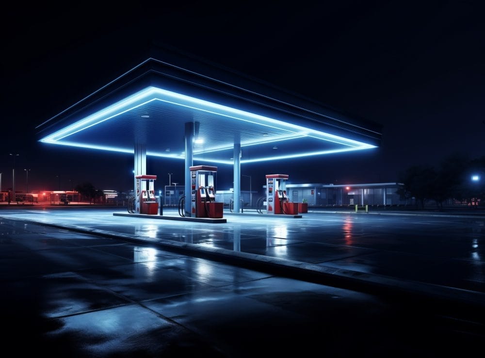 A gas station at night, when scams might happen.