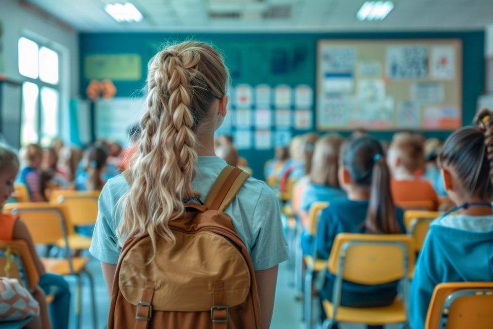 A young girl in a public school class room