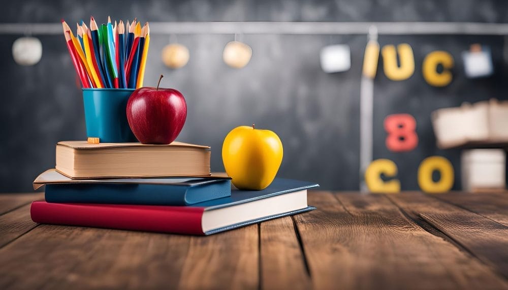 A classroom with symbols of education