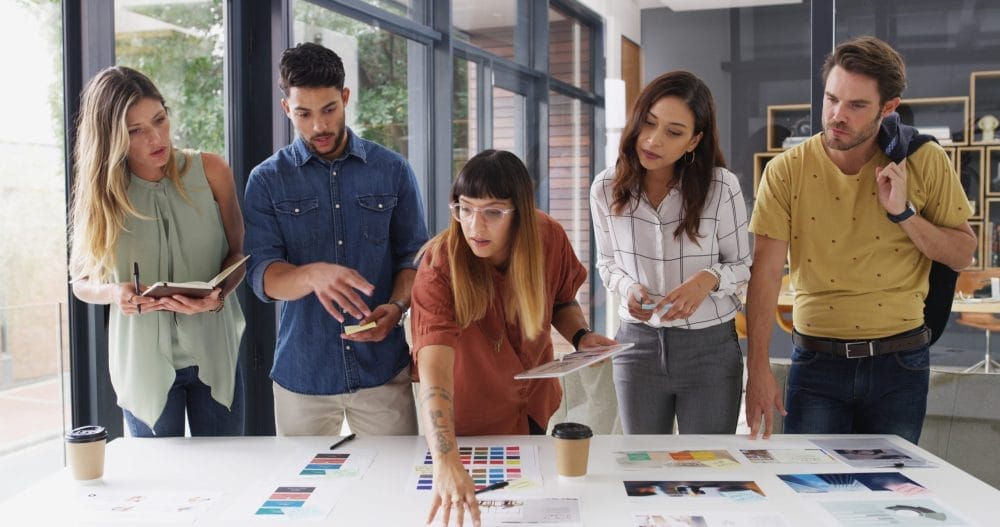 A group of co-workers working on a career project together